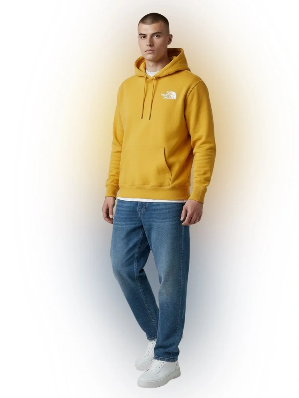 The North Face Yellow Hoodie Box Logo Never Stop Exploring Sweatshirt Mens Large